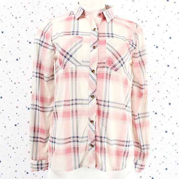 Knit Plaid Button Up Shirt Hi Lo Hem Ivory Coral Blue - Picture 3 of 8
